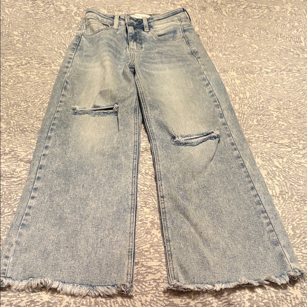 Chic Light Blue Frayed Women's Wide Leg Jeans
